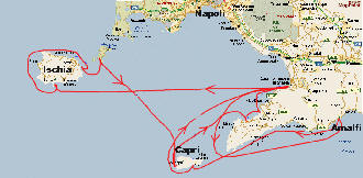 Golf von Napoli mit unserer Route. Mit Klick darauf wird die Karte gross.